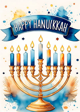 Watercolour Hanukkah - mobile ecard sent as a Hanukkah WhatsApp card